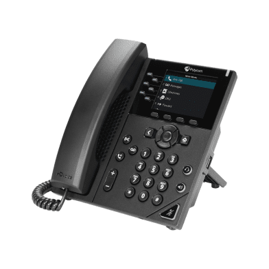 Poly VVX 350 VoIP desk phone — front view with handset and dialpad